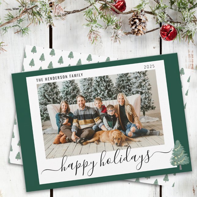 Personlig Glad Högtid Jul Familjefoto Julkort (Whimsical woodland Happy Holidays watercolor christmas tree and lights family Photo holiday card)