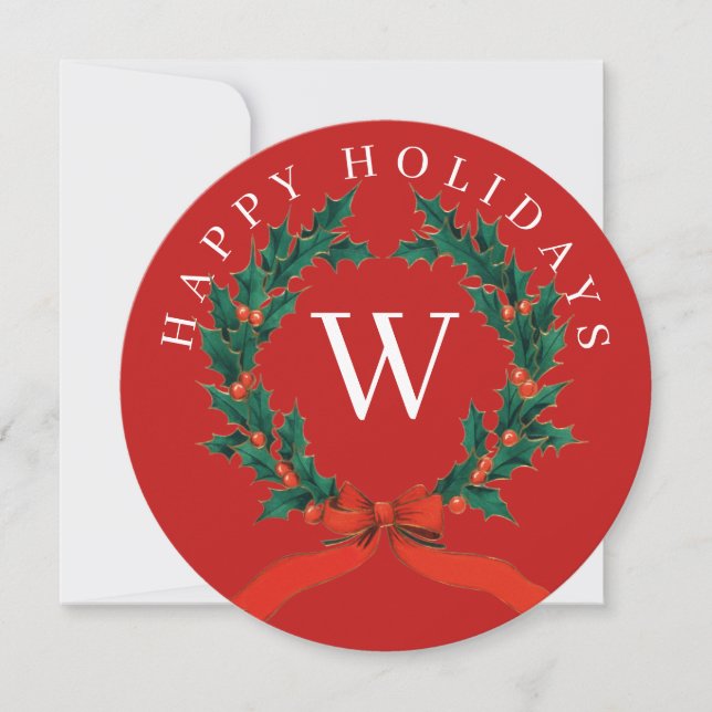 Personlig Glad Jul Röd Monogram Krans  Julkort (Framsida)