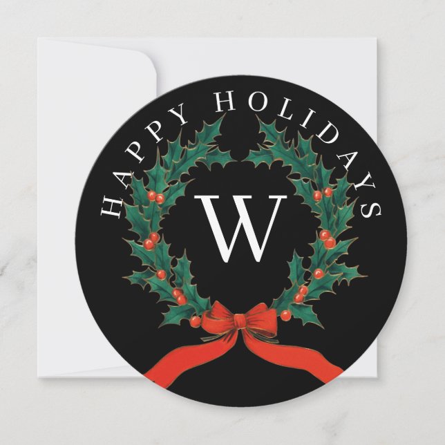 Personlig Glad Jul Svart Monogram Krans  Julkort (Framsida)