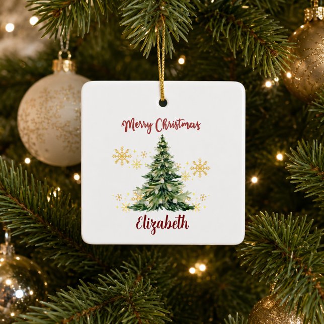 Personlig Glad Jul Vattenfärg Träd Julgransprydnad Keramik (Skapare uppladdad)