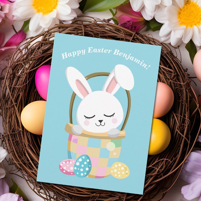 Personlig Glad påsk Bunny Cute Baby blue Kort (Skapare uppladdad)