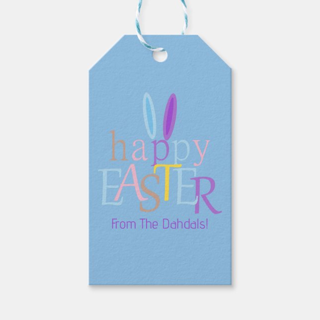Personlig Glad påsk Bunny Öron Blue Lila Presentetikett (Framsidan)