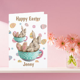 Personlig Glad påsk Bunny Sitta i Tekopp Helgkort