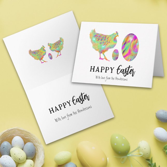 Personlig Glad Påsk Färgglad Höna & Ägg Helgkort (Personalized happy easter modern colorful watercolor cute hen & Easter eggs folded holiday card)
