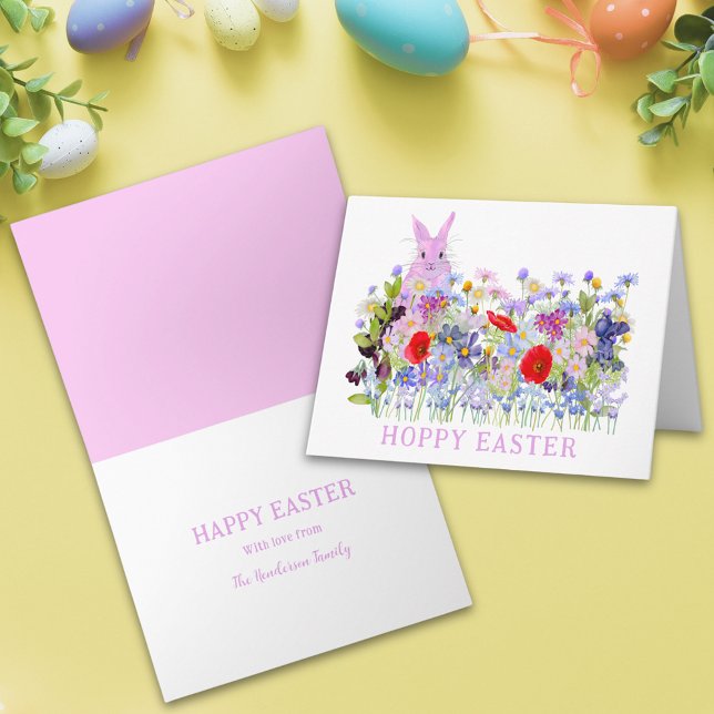 Personlig Glad Påsk Rosa Kanin Vildblomma Kort (Personalized hoppy easter cute pink bunny watercolor wildflower meadow spring floral holiday card)