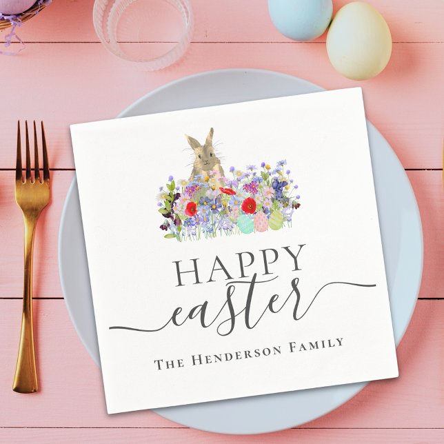 Personlig Glad påsk Söt Kanin Vildblomma Pappersservett (Personalized happy Easter cute bunny wildflower floral spring party napkin)