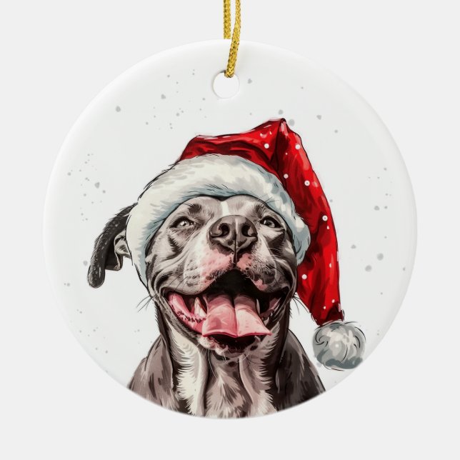 Personlig Glad Pitbull Hund Jul Julgransprydnad Keramik (Framsidan)