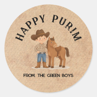 Personlig Glad Purim Rund Klistermärke - Cowboy