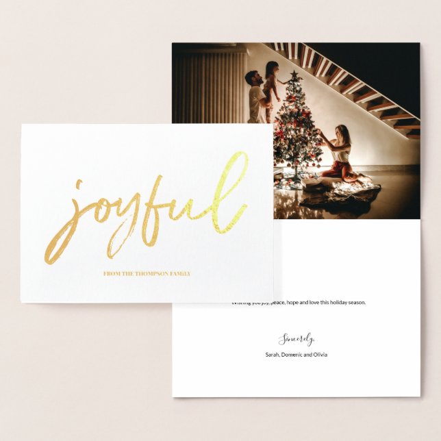 Personlig Glädjefullt Skript Familjefoto Jul Folierat Kort (Display)