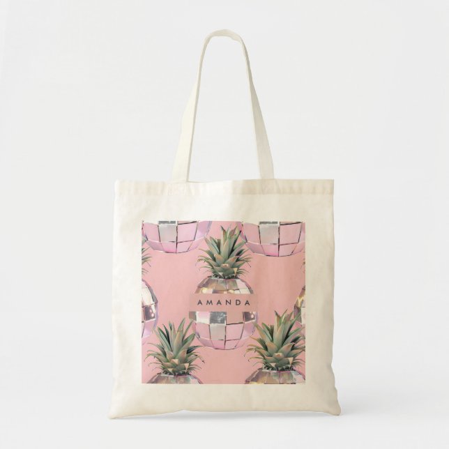 Personlig Glam Disco Ananas Rosa Metallisk Tygkasse (Framsidan)