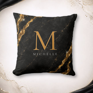 Personlig Glam Svart Marmor Guld Monogram Kudde