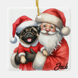 Personlig Glatt Pug-Hund med Santa Julgransprydnad Keramik