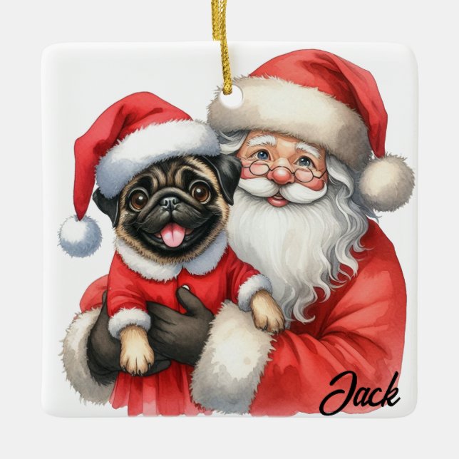 Personlig Glatt Pug-Hund med Santa Julgransprydnad Keramik (Framsida)