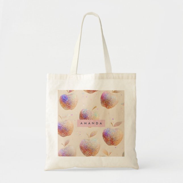 Personlig Glitter Äpple Glänsande Frukt Pastell Tygkasse (Framsidan)