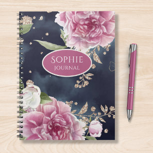 Personlig Glitter Watercolor Rosa Blommigt Girly Anteckningsbok