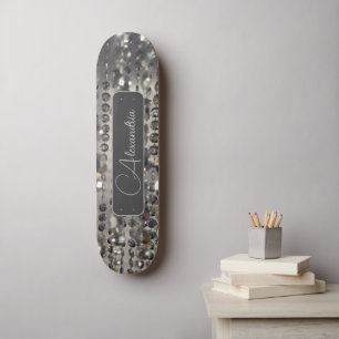Personlig Glittery Silver Stringed Pärlor Mini Skateboard Bräda 18,5 Cm