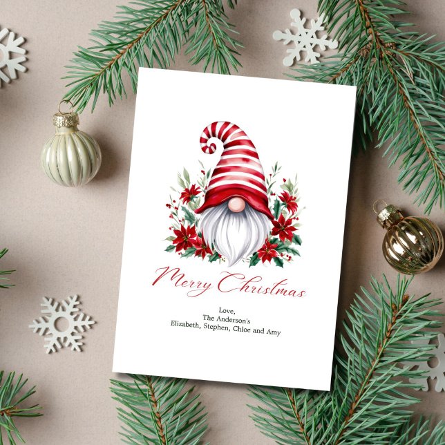 Personlig Gnome Poinsettia Red White-jul Julkort (Gnome with Poinsettia Christmas Card. Personalized. Digital or Printed)