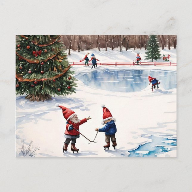 Personlig Gnomes Skating jul Postcard Helg Vykort (Framsida)