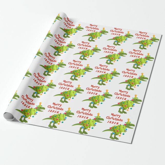 Personlig God jul Dinosaur Santa Hat Presentpapper (Utrullad)