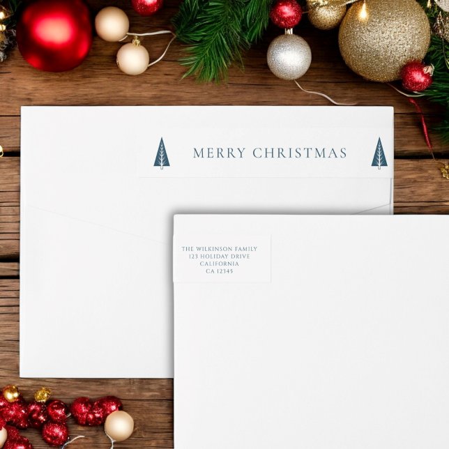 Personlig god jul etikettband (christmas wrap around mail label , with a blue tree and text saying merry christmas )