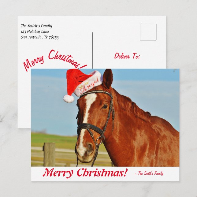Personlig God jul Horse i Santa Hat Vykort (Fram/baksida)