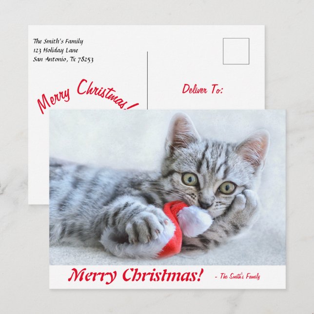 Personlig God jul Kitten med Santa Hat Vykort (Fram/baksida)