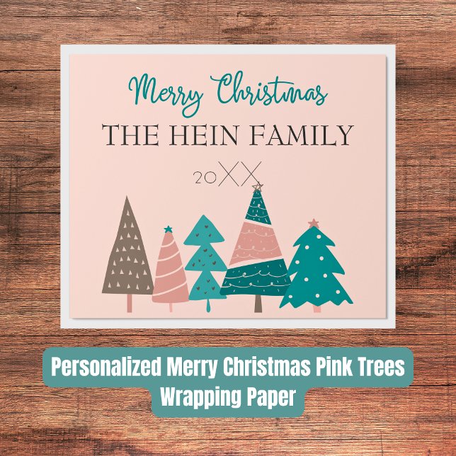 Personlig God jul Rosa Träd Presentpapper (Personalized Merry Christmas Pink Trees Wrapping Paper)