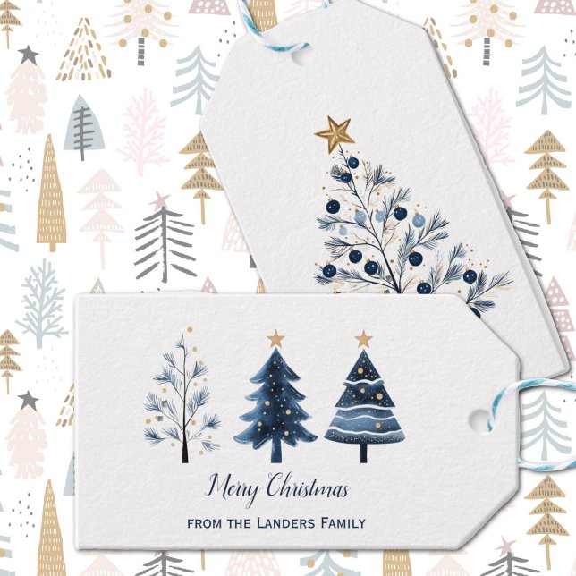 Personlig God jul Träd i Blått och Guld Presentetikett (Modern Blue and Gold Personalized Merry Christmas Trees Gift Tag Front and Back)