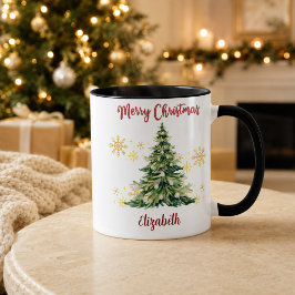Personlig God Jul Vattenfärg Träd Namn Mugg