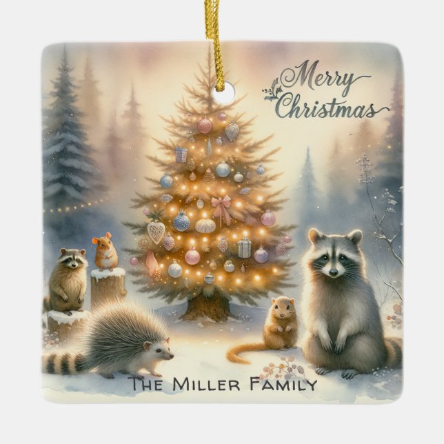 Personlig God jul Woodland Animals Julgransprydnad Keramik (Framsida)