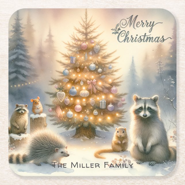 Personlig God jul Woodland Animals Underlägg Papper Kvadrat (Framsidan)