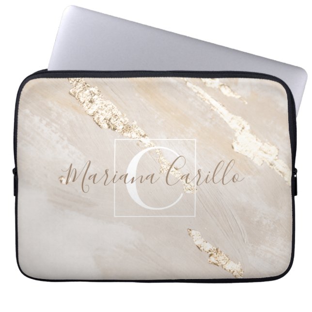 Personlig Gold Foil Marble Monogram Laptop Fodral (Framsidan)