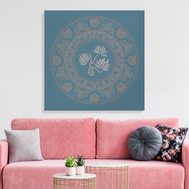Personlig Golden Teal Rococo Lotus Dot Mandala Canvastryck (Insitu (Vardagsrum))