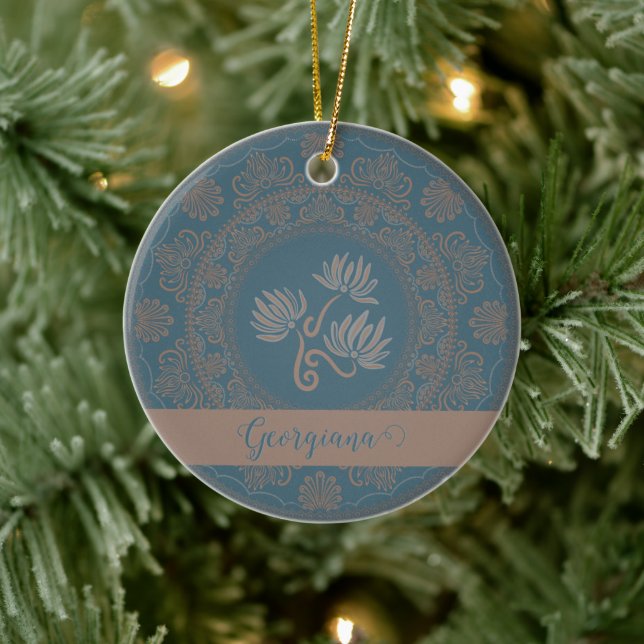 Personlig Golden Teal Rococo Lotus Dot Mandala Julgransprydnad Keramik (Träd)
