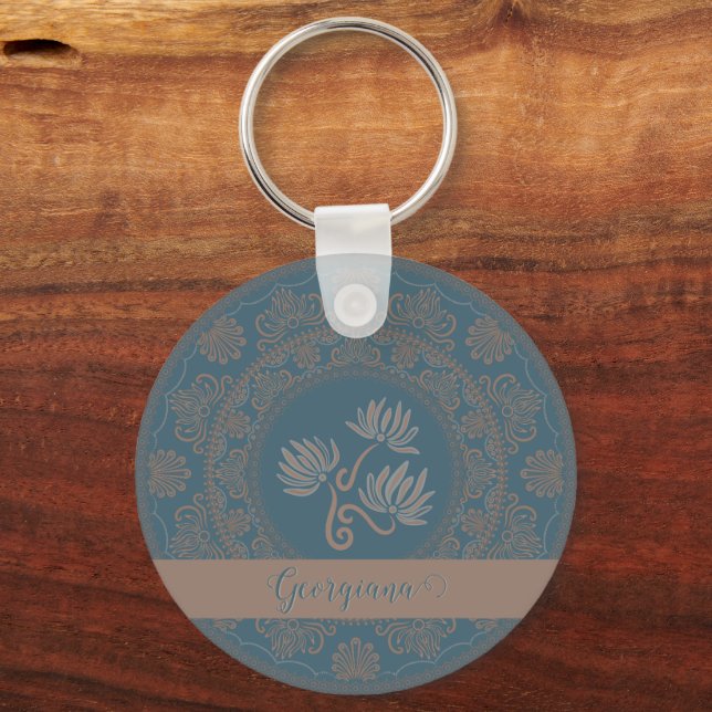 Personlig Golden Teal Rococo Lotus Dot Mandala Nyckelring (Framsida)