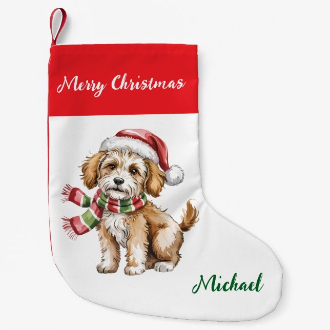 Personlig Goldendoodle-hund i tomteluva  Liten Julstrumpa (Framsidan)