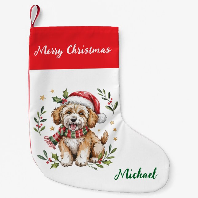 Personlig Goldendoodle-hund i tomteluva  Liten Julstrumpa (Framsidan)