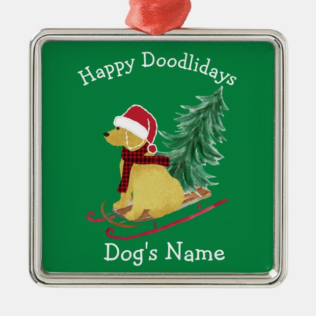 Personlig Goldendoodle jul Sled Julgransprydnad Metall (Framsidan)