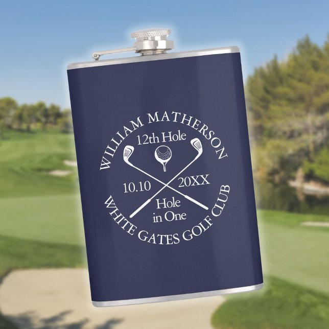 Personlig Golf Hål i en marin blå marin Fickplunta (Personalized Golf Hole in One Navy Blue Flask)