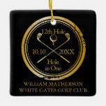 Personlig Golf Hål i en Retro Black och Guld Julgransprydnad Keramik<br><div class="desc">Med en frimärke-effektsmodell av åldras-typ. Anpassa namn,  placera hål nummer och datum för att skapa en underbar golfkeepé för att fira det fantastiska hål i ett. Designad av Thisisnotme©</div>