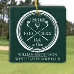 Personlig Golf Hål i en Retro Emerald Grönt Julgransprydnad Keramik<br><div class="desc">Med en frimärke-effektsmodell av åldras-typ. Anpassa namn,  placera hål nummer och datum för att skapa en underbar golfkeepé för att fira det fantastiska hål i ett. Designad av Thisisnotme©</div>
