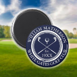 Personlig Golf Klubb Namn marint blått Magnet<br><div class="desc">Dessa marinblå golfmagneter är idealiska för alla golfklubbar och klubbar. De har klassiska överkorsade golfbanor,  golfplattor i boll och gräns i åldras frimärke. Anpassa med namn i klubben,  golf klubb namn och det år då golfklubben inrättades. Designad av Thisisnotme©</div>