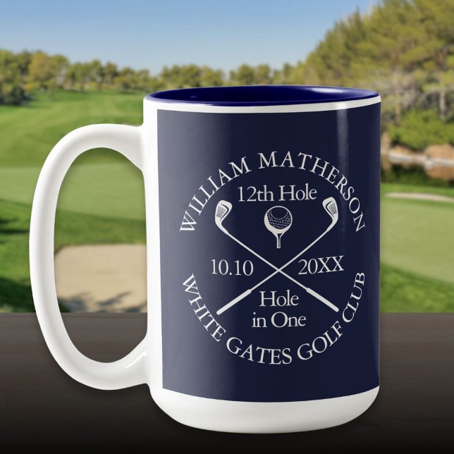 Personlig golfhål-i-ett i marinblå Två-Tonad mugg (Personalized Golf Hole in One Navy Blue Two-Tone Coffee Mug)