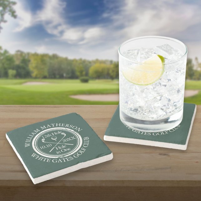 Personlig golfhål-i-ett i smaragdgrön stenunderlägg (Golf Hole in One Personalized Emerald Green Stone Coaster)