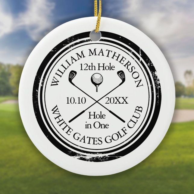 Personlig golfhål-i-ett- minnessak julgransprydnad keramik (Personalized Golf Hole in One Keepsake Ceramic Ornament)