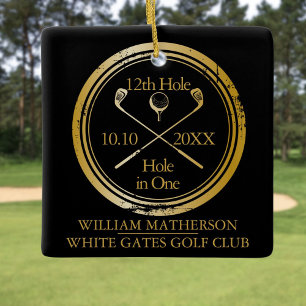 Personlig Golfhål-i-ett Retro Svart Och Guld Julgransprydnad Keramik