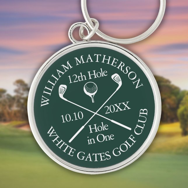 Personlig golfhål i ett slag smaragdgrön rund silverfärgad nyckelring (Personalized Golf Hole in One Emerald Green Keychain)