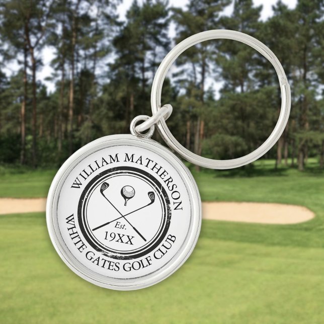 Personlig golfklubb namn etableringsdatum rund silverfärgad nyckelring (Personalized Golf Club Name Established Date Keychain)