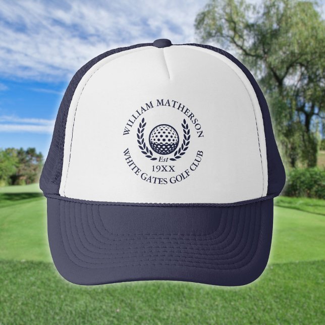 Personlig golfklubbnamn marinblå keps (Personalized Golf Club Name Navy Blue Trucker Hat)