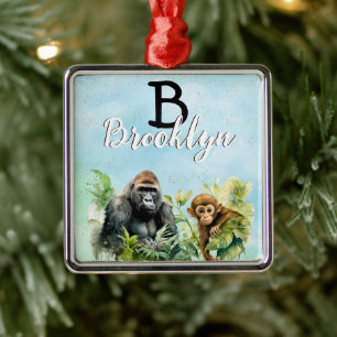 Personlig Gorilla Chimpanzee Jungle Monogram Julgransprydnad Metall